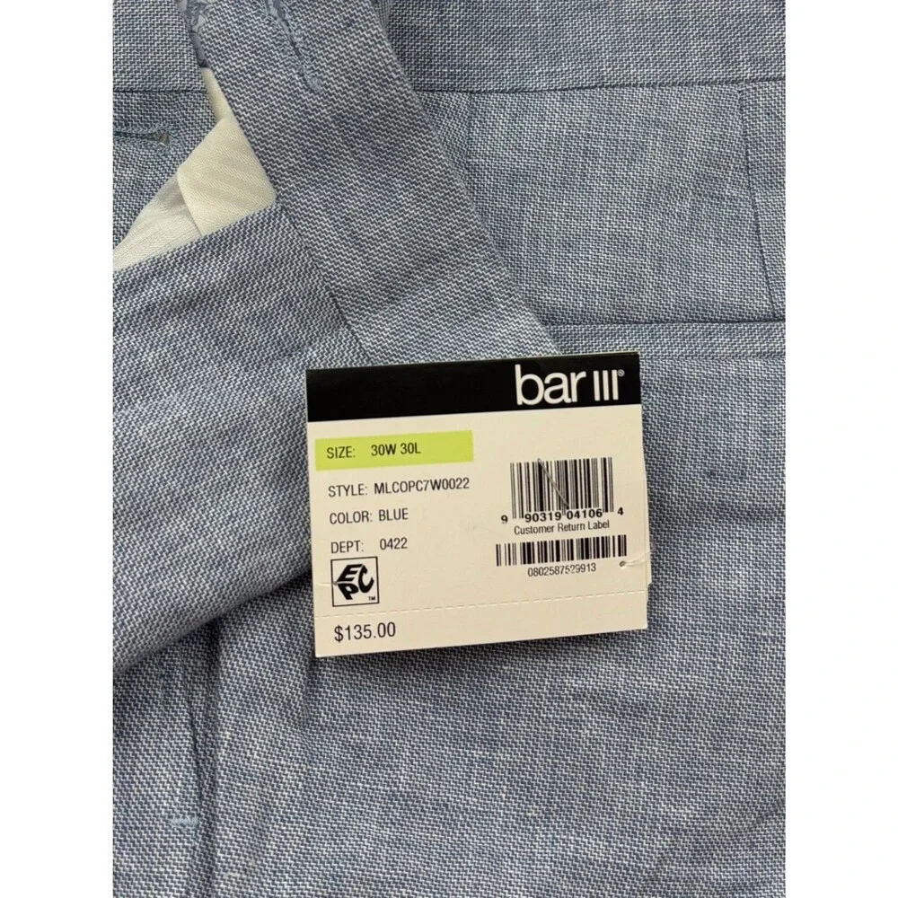 $495 NEW BAR III MENS 38R BLUE LINEN SLIM 2 PIECE SUIT WITH DRESS PANTS 30X30